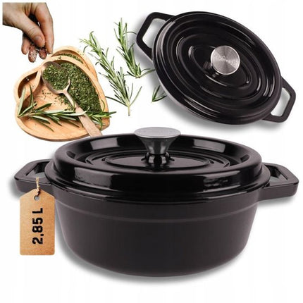 Hage - Gietijzeren Braadpan - Braadpan - Cast Iron Casserole met Deksel - Geëmailleerd - Geschikt voor Inductie & Oven - 2.85 Liter - 25.5 x 19.5 x 12.5 cm - Zwart