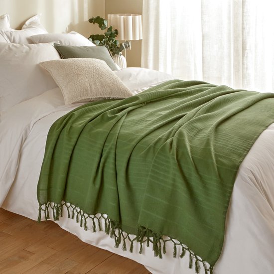 Atmosphera Throw - dark green - 230 x 250 cm - cotton - with fringe - bedspread - throw - blanket