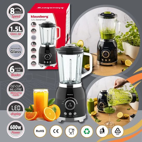 Klausberg - Blender - Smoothie Maker with LED Display - Ice Crusher - Glass Blender with 6 Stainless Steel Blades - Smoothie Blender with Timer - Kitchen Blender 8 Speeds - Crushed Ice Mixer - 1.5 L - 600W - Black