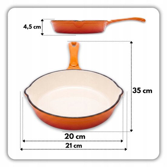 Hage – 4-teiliges gusseisernes Küchenset – Schmortopf 5 l 26 cm mit Deckel & Bratpfanne 20 cm – 2 Salz- und Pfeffermühlen 100 ml – Emailliert – Induktion, Gas & Backofen – Keramikmahlwerk – Orange