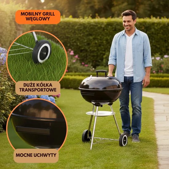 Kinghoff Kugelgrill mit Deckel & Rädern – Ø43 cm – Schwarz