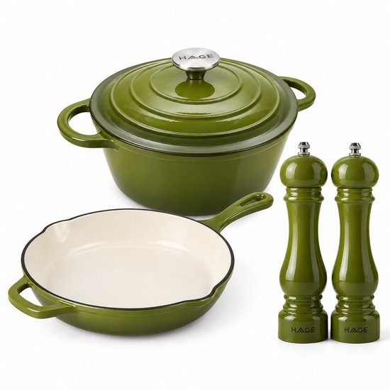 Hage - 4-Piece Cast Iron Cookware Set - 5L 26 cm Dutch Oven with Lid & 20 cm Frying Pan - 2 Salt and Pepper Grinders 100 ml - Enamelled - Induction, Gas & Oven Safe - Ceramic Grinding Mechanism - Olive Green