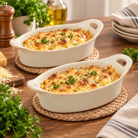 2-teilige Auflaufform - Ovale Schalen - Servierschalen - Steingut-Keramik - Backofen Mikrowelle Spülmaschine - 0,3 L - 20,4 x 11,5 x 5,8 cm - Beige