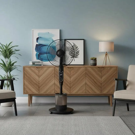 Klausberg - Mist Ventilator - Staande Ventilator - Vloerventilator met Verneveling - Luchtbevochtiger 5L - Afstandsbediening LED & Timer - Koelventilator met Watervernevelaar - Air Cooler met Oscillatie 90° - 90W - Ø16inch - Zwart