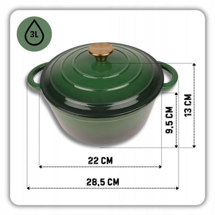 Hage - Braadpan - Geëmailleerde Gietijzeren Braadpan - Casserole - Geschikt voor Inductie, Gas & Oven - Inclusief Pannenonderzetter & Handgreepbeschermers - 3 Liter - Ø22 x 9.5 cm - Donkergroen
