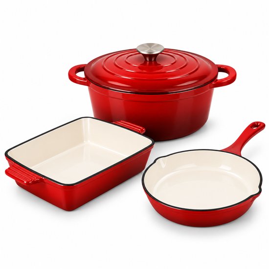 Hage - 3-Delig Keukenset - Braadschaal Gietijzer - Ovenschotel 3, 5 L - Geëmailleerde Bakvorm voor Oven - Rechthoekige Vlees- en Gebakschaal - Stevige Ovenvorm met Handgrepen - Warmtebehoudend - Rood