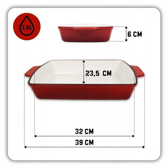 Hage - Gietijzeren Ovenschaal - Ovenschaal - Geëmailleerde Bakvorm - Voor Ovengerechten, Vlees, Taart en Ovenschotels - 3. 5 Liters - 32 x 23,5 x 6 cm - Rood