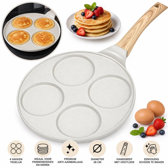 Hakal Pancake Pan with 4 Sections – Ø26 cm – Non-stick Coating – Pancake & Egg Pan – Wood-look Handle – Cream