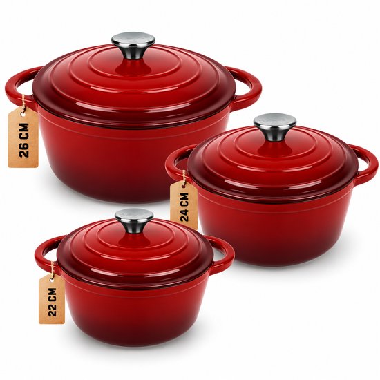 Hage - Set de 3 cocottes - Batterie de cuisine en fonte - Set de faitouts - 3L, 4L et 5L avec couvercle - Casseroles émaillées - Ø22, Ø24 et Ø26 cm - Induction - Four - Rétention de chaleur - Rouge