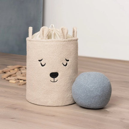 SIPO Speelgoedmand - Premium Bouclé-Editie - Opbergbak - Opbergmand - Met Drawstring Sluiting - Set van 2 - Beige Beer & Roze Kat Design - Voor Speelgoed - Kleding - Textiel - XL - 43 Liters - 35 x 35 x 45 cm - Beige & Roze