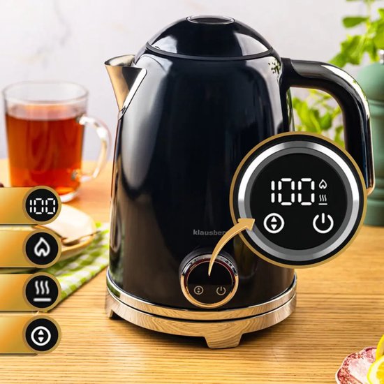 Klausberg - Waterkoker - Elektrische Waterkoker - Waterkoker - Thee Waterkoker met Thermometer - Warmhoudfunctie - RVS - 1.7L - 2200W - Zwart