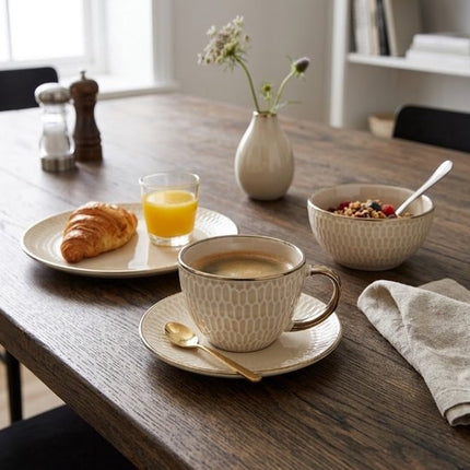Mok - Ontbijtkom - Keramische Ontbijtbeker - Set van 6 - Grote Koffiemok - Soepkom met Oor - Fajance Kom voor Ontbijt, Muesli en Soep - 420 ml - 14.5 x 11.6 x 7.8 cm - Beige