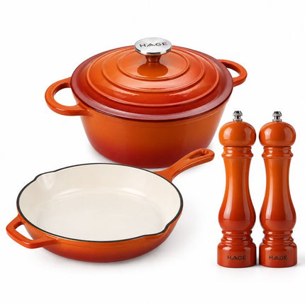 Hage - 4-Delig Gietijzeren Keukenset - Braadpan 5L 26 cm met Deksel & Koekenpan 20 cm - 2 Zout- en Pepermolens 100 ml - Geëmailleerd - Inductie, Gas & Oven - Keramische Maalschijven - Oranje
