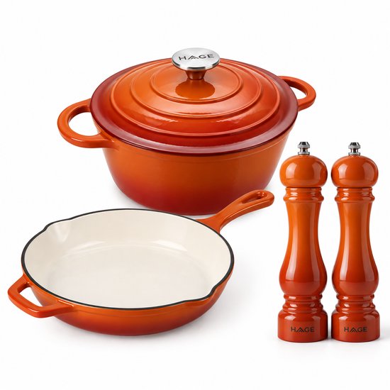 Hage – 4-teiliges gusseisernes Küchenset – Schmortopf 5 l 26 cm mit Deckel & Bratpfanne 20 cm – 2 Salz- und Pfeffermühlen 100 ml – Emailliert – Induktion, Gas & Backofen – Keramikmahlwerk – Orange
