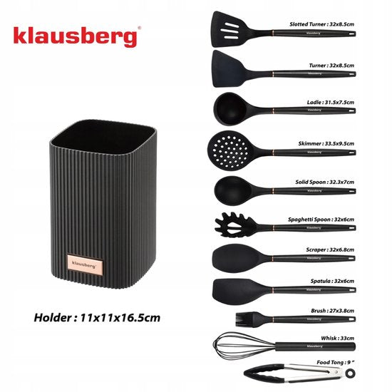 Klausberg Set d'ustensiles de cuisine 12 pièces avec support – Ustensiles de cuisine en silicone – Résistant à la chaleur 220°C – Noir