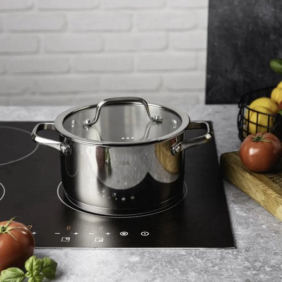 Kookpan 18 cm met glazen afgietdeksel en maataanduiding, 2,6 liter, rvs