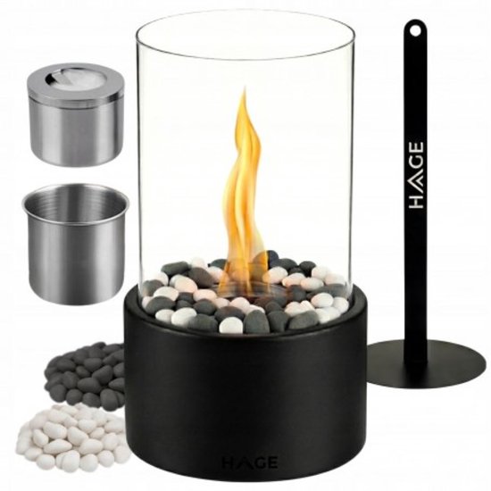 Hage - Bio-Ethanol Table Fireplace - Smokeless Bio-Fireplace - Freestanding - For Indoor & Outdoor - Patio, Balcony & Garden - Borosilicate Glass - Steel - 27 x 16.5 cm - Black