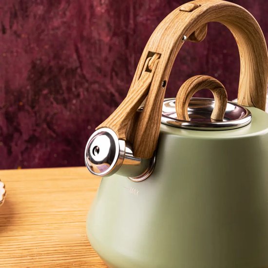 Klausberg - KB-9062 - Fluitketel - RVS Waterketel - Met Fluit - Matte Afwerking - Afneembaar Deksel - Houten Look Handgreep - Inductie - Gas - Elektrisch - Keramisch - Theeketel - Koffie - Brede Voet - 2.5L - Pastelgroen