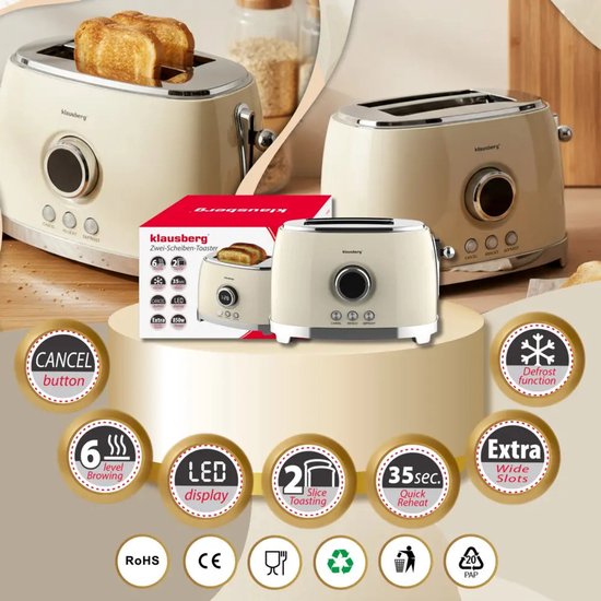 Klausberg - Toaster - Kitchen Toaster - Toaster with LED Display and 6 Settings - Wide Slot Toaster - 2 Slices - Retro Design - Defrost & Reheat Function - 850W - approx. 28.5 x 18.5 x 20 cm - Beige