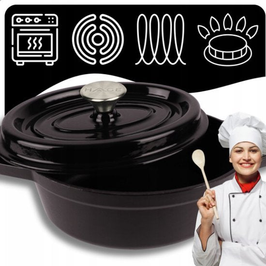 Hage - Cast Iron Casserole Dish - Dutch Oven - Cast Iron Casserole with Lid - Enamelled - Suitable for Induction & Oven - 2.85 Litres - 25.5 x 19.5 x 12.5 cm - Black