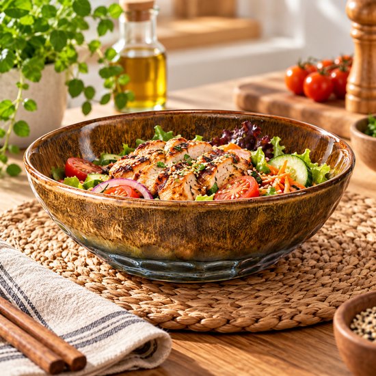 MPLCo - Ceramic Bowl - Serving Dish - Breakfast Bowl - Soup Bowl - Salad Bowl - Dishwasher Safe - Oven and Microwave Safe - Organic Shape - Ceramic - 500 ml - Ø18 cm - Green and Brown