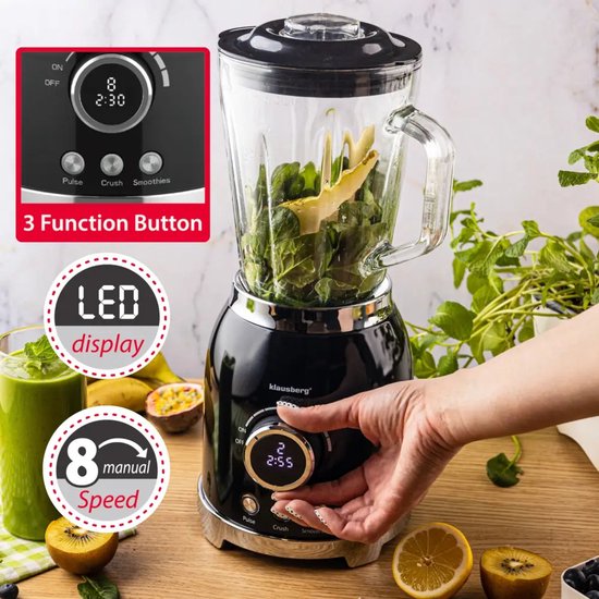 Klausberg - Blender - Smoothie Maker with LED Display - Ice Crusher - Glass Blender with 6 Stainless Steel Blades - Smoothie Blender with Timer - Kitchen Blender 8 Speeds - Crushed Ice Mixer - 1.5 L - 600W - Black