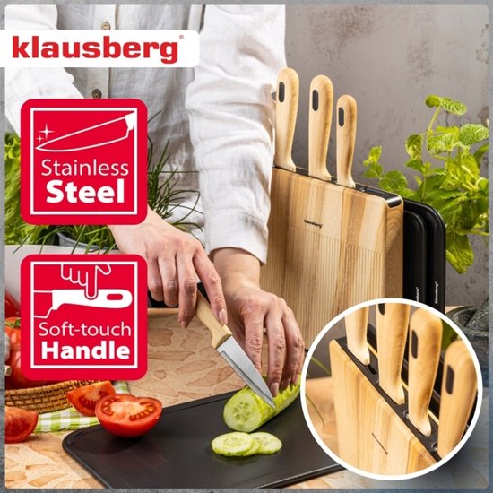Klausberg - Messerset - 8-teilig - Küchenmesserset - Messerblock mit 4 Edelstahlmessern - 3 Schneidebretter - Küchenzubehör mit Schneidebrettern und Halterung - Schwarz und Naturfarbe