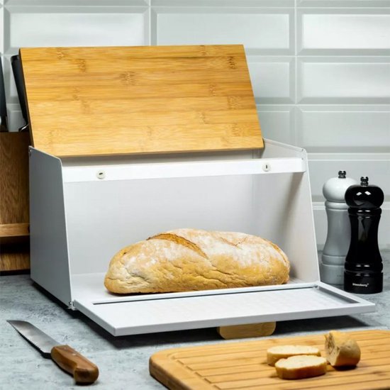 Klausberg 7468 Double-Sided Bread Bin - Diamond White - Stainless Steel and Wooden Bread Storage Box - Bread Container
