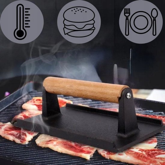 Hage - Hamburger Press - Cast Iron Burger Press - Smash Burger Press - Hamburger Press with Wooden Handle - For BBQ, Grill & Frying Pan - 20 x 10 cm - Black
