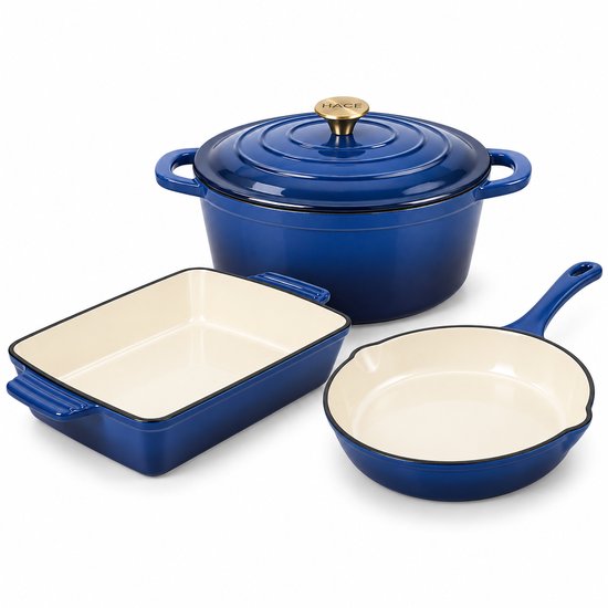 Hage - 3-Delig Keukenset - Gietijzeren Braadschaal - Geëmailleerde Ovenschaal 3,5 L - Rechthoekige Bakvorm - Braadslede voor Vlees en Ovenschotels - Ovenvorm met Handgrepen - Warmtevaste Bakvorm - Duurzaam Gietijzer - Blauw