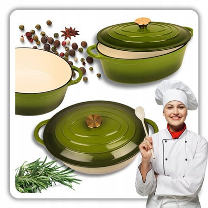 Hage - Gietijzeren Braadpan - Braadpan - Cast Iron Casserole met Deksel - Geëmailleerd - Geschikt voor Inductie & Oven - 6 Liter - 34 x 26 x 18 cm - Olijfgroen