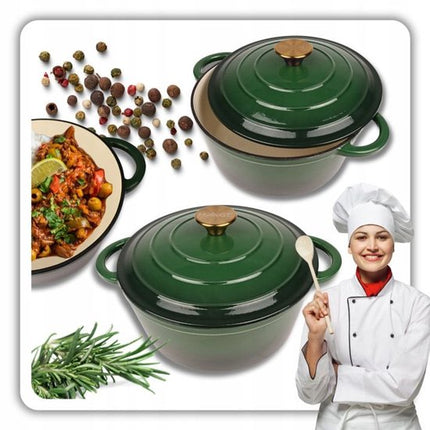 Hage - Braadpan - Geëmailleerde Gietijzeren Braadpan - Casserole - Geschikt voor Inductie, Gas & Oven - Inclusief Pannenonderzetter & Handgreepbeschermers - 4 Liter - Ø24 x 12 cm - Donkergroen