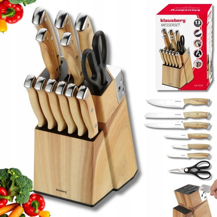 Klausberg - Messenset - 13-Delige - Keukenmessenset - 6 Steakmessen - RVS Keukenmessen - Inclusief Keukenschaar - Keukenaccessoires met Messenblok en Slijper - Houtlook