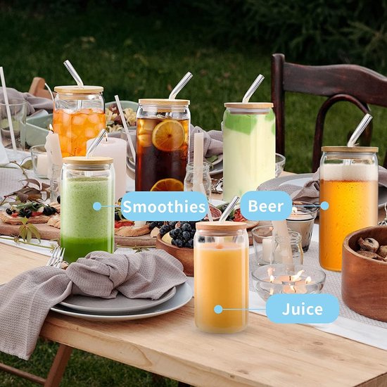 Drinking glasses with lid and straw, set of 6, 500 ml iced coffee can-shaped glasses, Bear Can cocktail glasses, can-shaped glass cups, beer glasses, ideal for water, cocktail, whisky, soft drinks, gift
