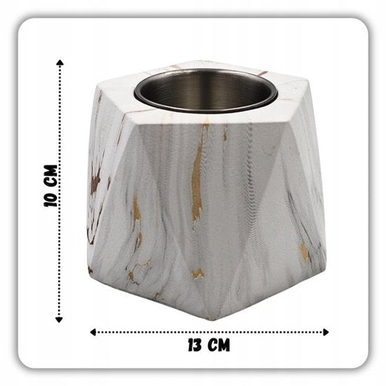 Hage - Tischkamin - Biokamin - Freistehender Bio-Ethanol-Tischkamin - Rauchfreier Dekokamin für drinnen & draußen - Freistehend - 13 x 10 cm – Weißer Marmor-Look mit goldenen Akzenten