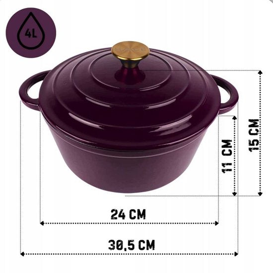 Hage - Cooking Pot - Cast Iron Pot with Lid - Enamelled - Suitable for Induction & Oven - Includes Mini Oven Mitts & Trivet - For Roasting, Stewing, Soup & Bread - 4 Litres - Ø24 cm - Aubergine Purple