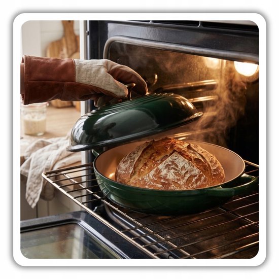 Hage - Cast Iron Bread Pan - Enamelled Baking Dish with Lid - For Homemade Bread & Casseroles - Induction, Gas & Oven Safe - Includes Pot Holder & Hand Protectors - 2L - Ø26 x 16.5 cm - Bottle Green