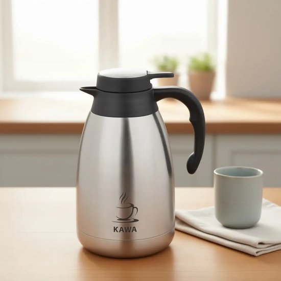 Kinghoff - KH-2094 - Double-Walled Thermal Carafe - Thermos Flask - Thermal Carafe with Pouring System - With Coffee Label - For Office, Catering & Home - 2 Liters - Stainless Steel - Black & Silver