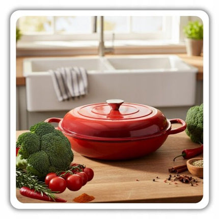 Hage - Braadpan - Geëmailleerde Gietijzeren Braadpan - Cast Iron Casserole - Geschikt voor Inductie, Gas & Oven - Inclusief Pannenonderzetter & Handgreepbeschermers - 3 Liters - Ø30 x 10.5 cm - Rood