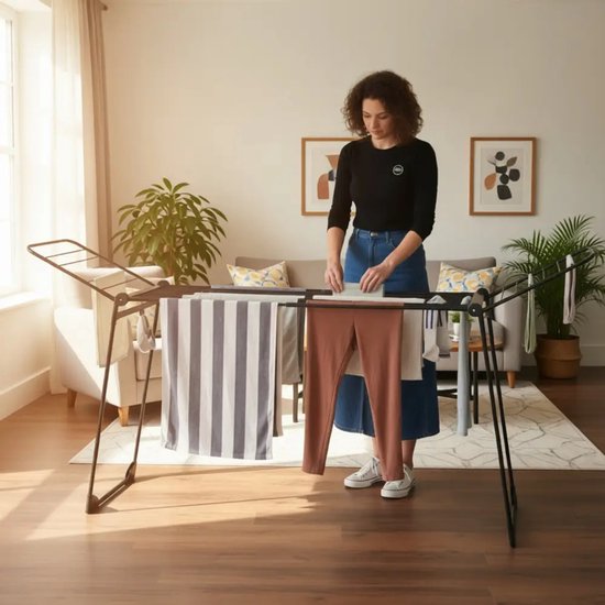 KINGHoff - Droogrek - Opvouwbaar Wasrek tot 25 kg - Staand Droogrek - Wasdroger Rek met Vleugels - Inklapbaar Wasrek voor Binnen & Buiten - XXL - 210-290 x 55 x 125 cm - Zwart