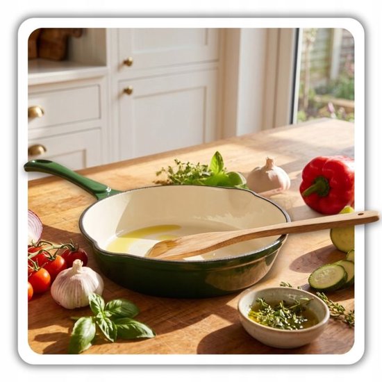 Hage - Frying Pan - Enameled Cast Iron Frying Pan - Cast Iron Frying Pan - Suitable for Induction, Gas & Oven - Ø20 x 4.5 cm - Dark Green
