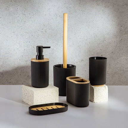 Homla - Loreto Badkameraccessoireset - Badkamer Accessoire Set - 5 Delig - Complete Badkamer Set met Bamboe - Zeepdispenser - Tandenborstelhouder - WC Borstel - Moderne Badkamer Accessoires - Zwart