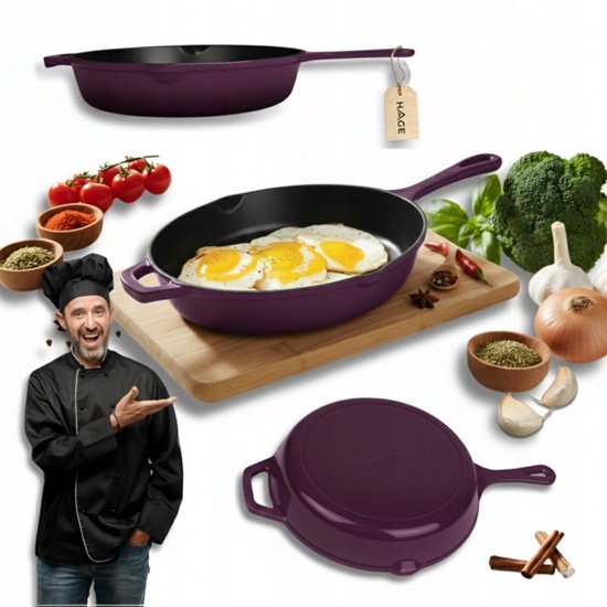 Hage - Gusseiserne Pfanne - Emaillierte Bratpfanne mit hohem Rand - Induktion, Gas, Elektro & Backofengeeignet - Zum Backen und Braten - Gleichmäßige Wärmeverteilung - Ergonomischer Griff - Ø 26 cm - Auberginenfarben
