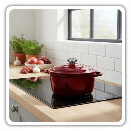 Hage - Braadpan - Geëmailleerde Gietijzeren Braadpan - Casserole - Geschikt voor Inductie, Gas & Oven - Inclusief Pannenonderzetter & Handgreepbeschermers - 3 Liter - Ø22 x 9.5 cm - Rood