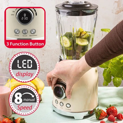 Klausberg - Blender - Smoothie Maker met LED Display - IJscrusher - Glazen Blender met 6 RVS Messen - Smoothie Blender met Timer - Keuken Blender 8 Snelheden - Crushed Ice Mixer - 1.5L - 600W - Crème