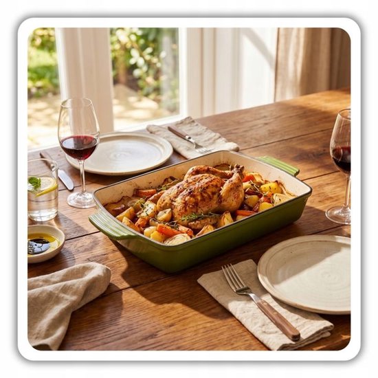 Hage - Baking Dish - Casserole Dish - Cast Iron Casserole Dish - Enamelled Roasting Pan with Handles - Suitable for Induction, Oven & All Heat Sources - 3.5 Litres - 32 x 23.5 cm - Olive Green