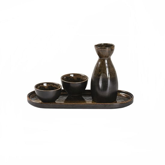 MPLCo - Ondes Sake-Set - Trinkset mit Karaffe und 2 Tassen - Japanisches Teeservice Wabi-Sabi - Geschirrset mit Tablett - Sake-Service - Schwarz-Braun