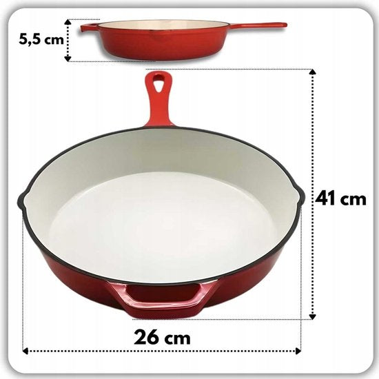 Hage - Bratpfanne - Emaillierte Gusseisen-Bratpfanne - Cast Iron Frying Pan - Geeignet für Induktion, Gas & Backofen - Ø26 cm - Rot