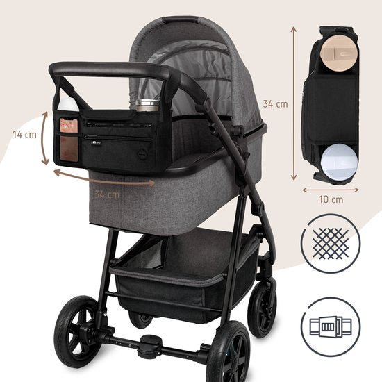 Sipo - Kinderwagen Organizer - Kinderwagen Accessoires - Universele Kinderwagen Tas - Multifunctionele Stroller Organizer Tas met Vakjes & Bekerhouders - Schoudertas & Opbergtas - Waterafstotend - 34 x 14 x 10 cm - Zwart
