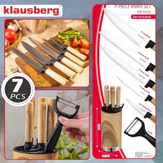Klausberg - Knife Set - 7-Piece - Kitchen Knife Set - 5 Stainless Steel Kitchen Knives - Vegetable Peeler - Knife Block - Kitchen Accessories with Peeler and Knife Block - Natural Wood Look